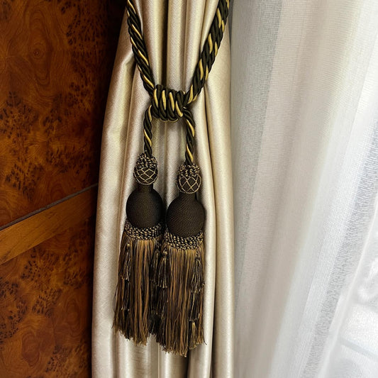 2 Packs Luxury Black & Gold Double Tassel Curtain Tieback, 28 in – Handcrafted Decorative Rope Holdback for Drapes and Home Interior Styling E2503_B