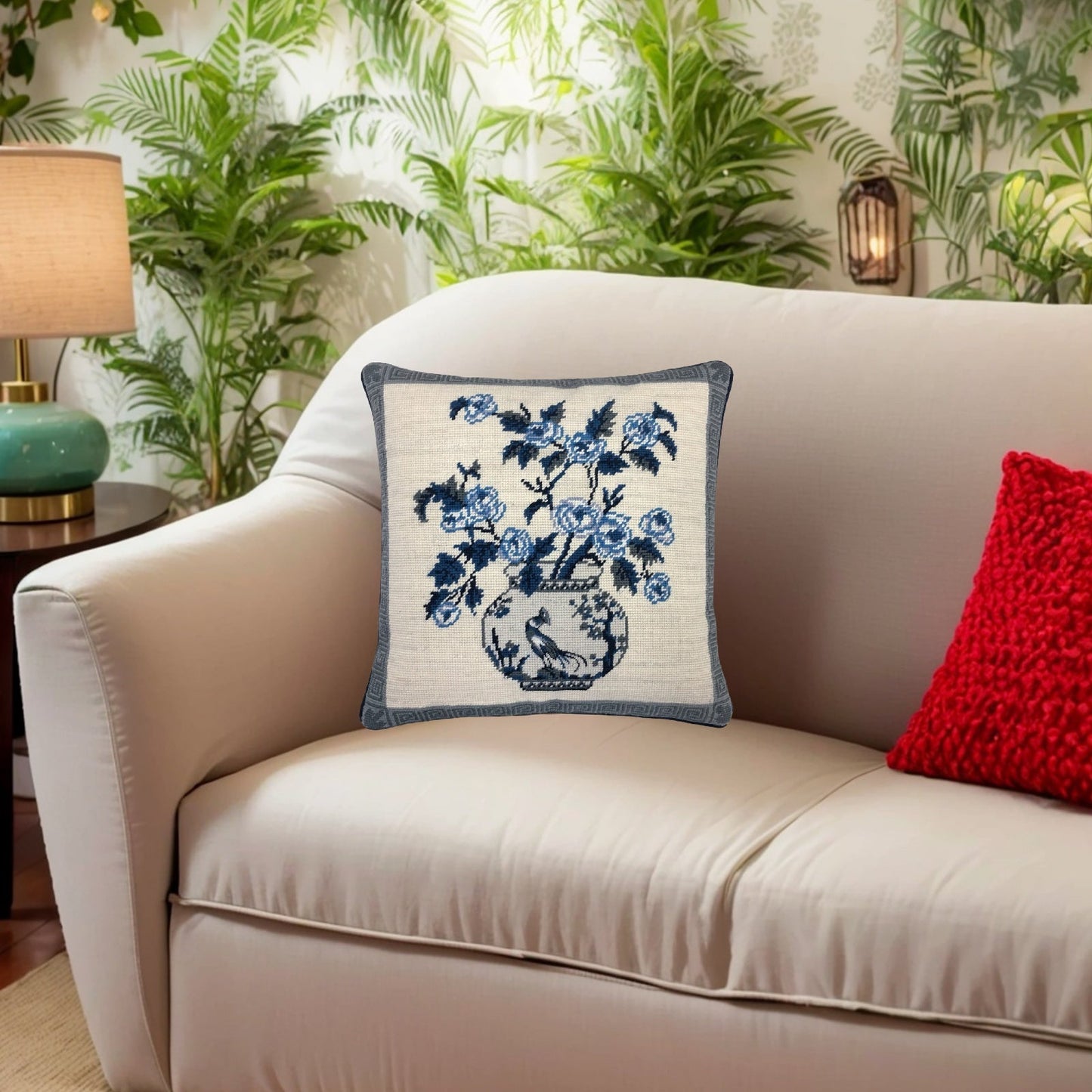 Handmade Wool Needlepoint Pillow Cover - Decorative Throw Cushion Cover - Vintage Floral Embroidery Design W/B flowers in pot 1 bird