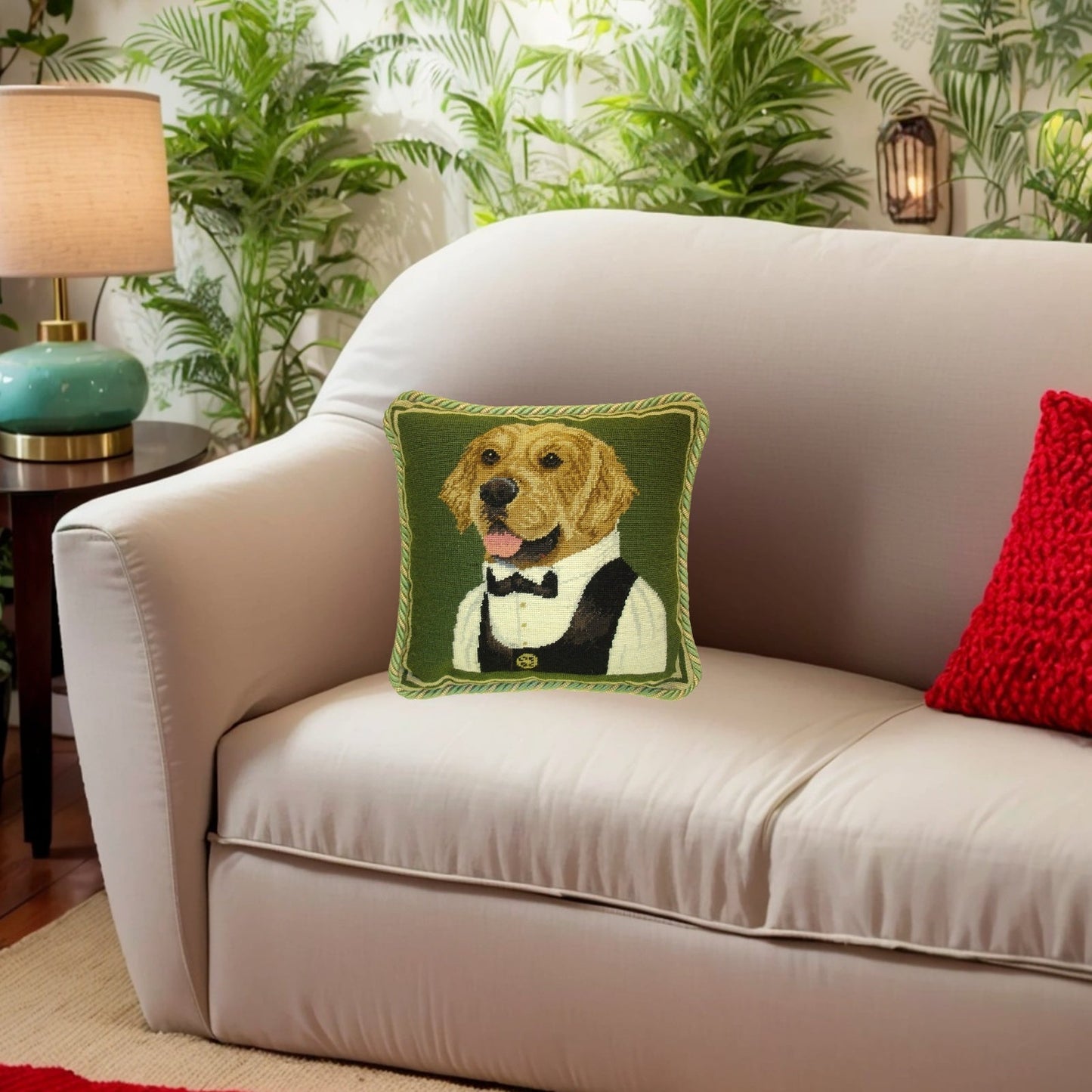 Handmade Wool Needlepoint Pillow Cover - Decorative Throw Cushion Cover - Vintage Floral Embroidery Design Waiter Retriever with 2 color cording