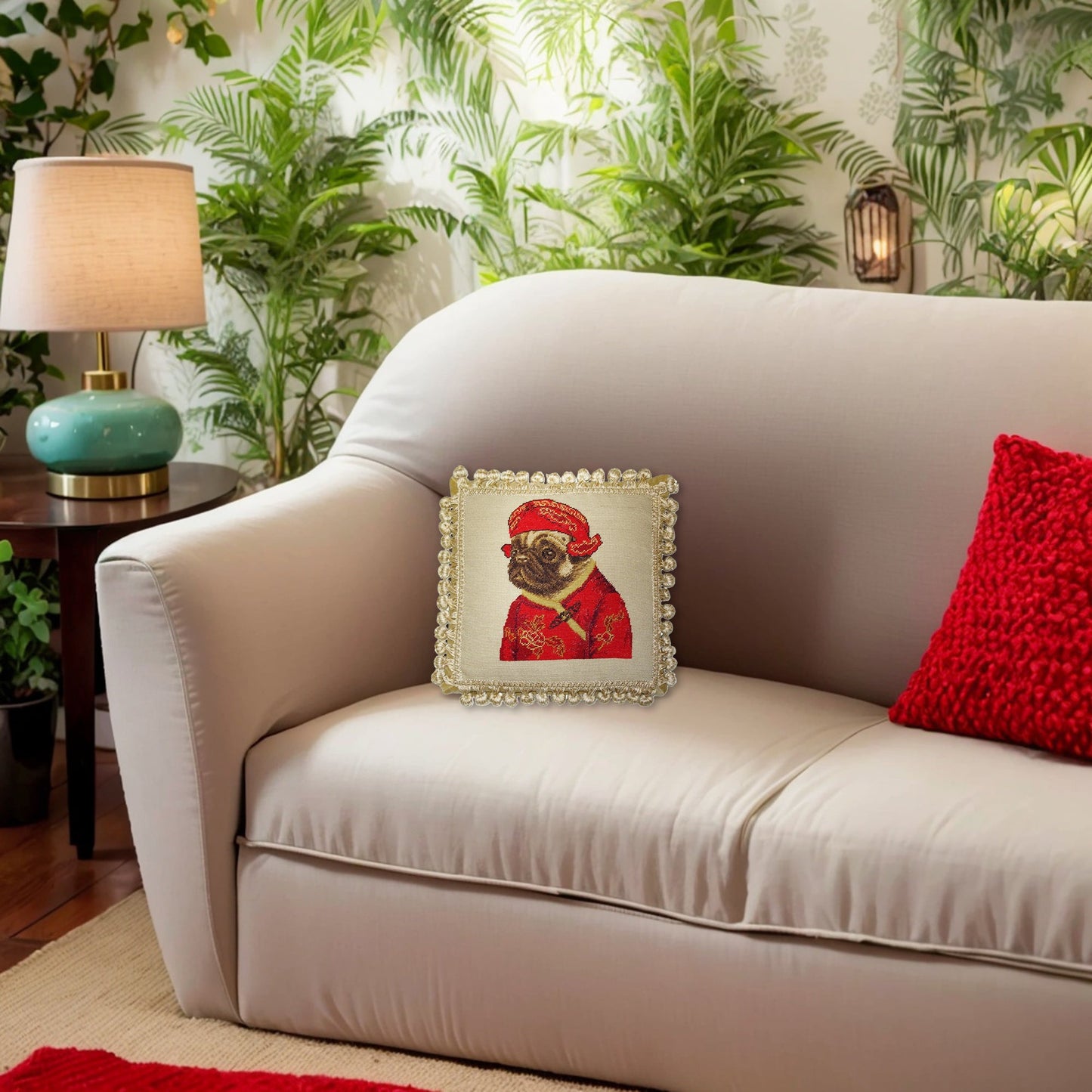 Handmade Wool Needlepoint Pillow Cover - Decorative Throw Cushion Cover - Vintage Floral Embroidery Design pug boy in red jacket ware hat with 3 color cording