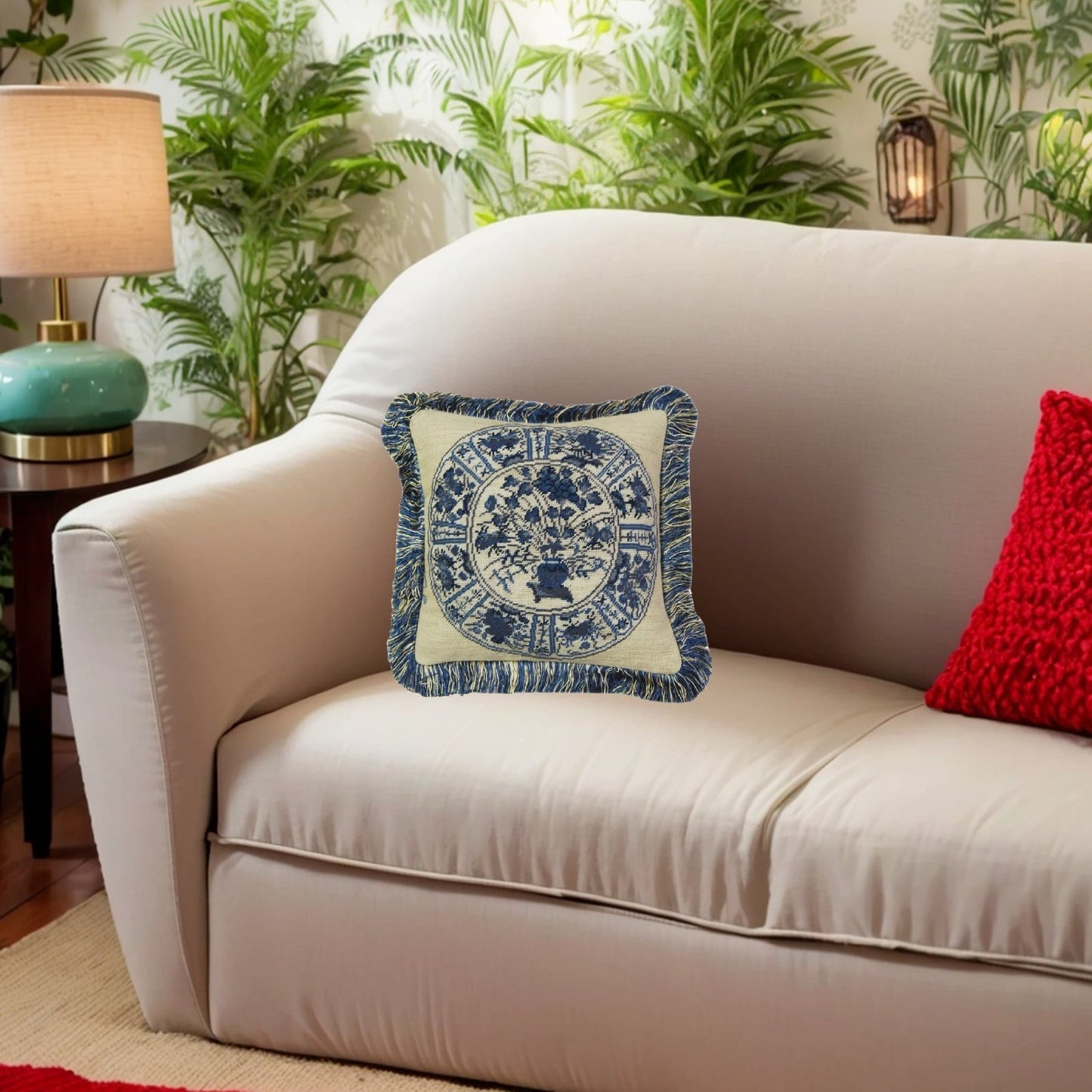 Handmade Wool Needlepoint Pillow Cover - Decorative Throw Cushion Cover - Vintage Floral Embroidery Design  blue/white 8 Imari with 2 color bush tassel