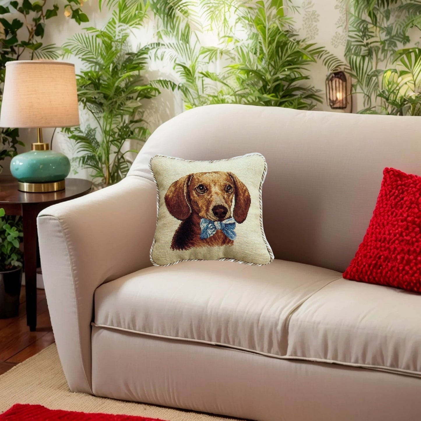 Handmade Wool Needlepoint Pillow Cover - Decorative Throw Cushion Cover - Vintage Floral Embroidery Design  Dachsund with 2 color cording