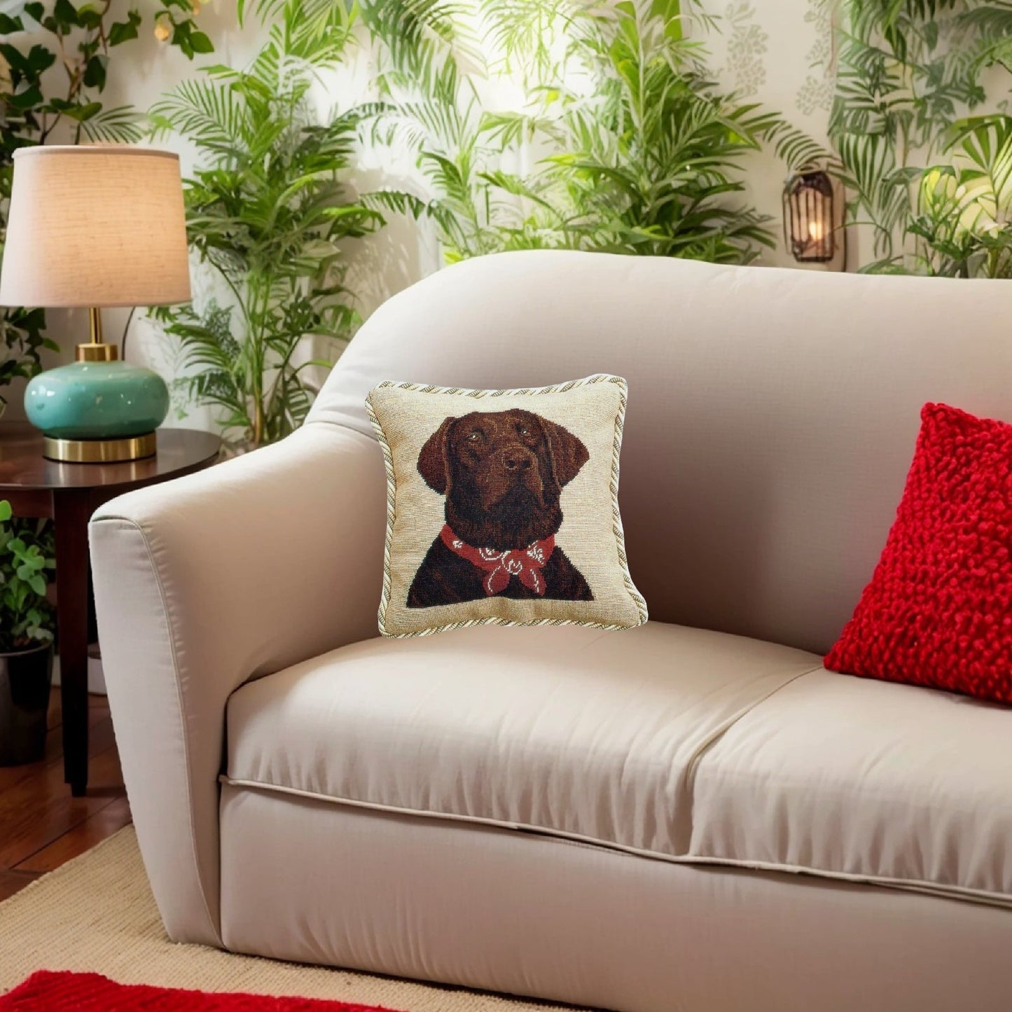 Handmade Wool Needlepoint Pillow Cover - Decorative Throw Cushion Cover - Vintage Floral Embroidery Design brown Labradorwith 2 color cording