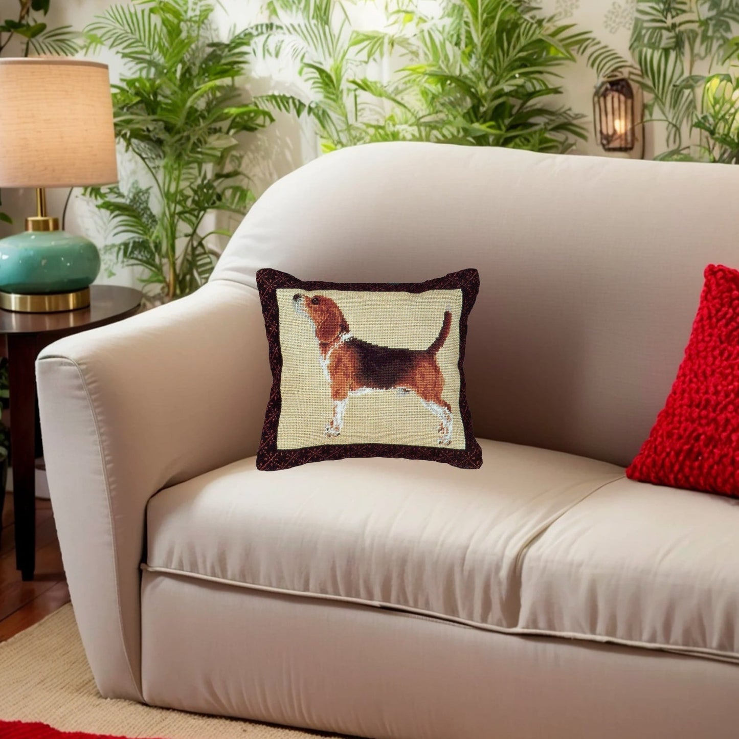 Handmade Wool Needlepoint Pillow Cover - Decorative Throw Cushion Cover - Vintage Floral Embroidery Design Beagle