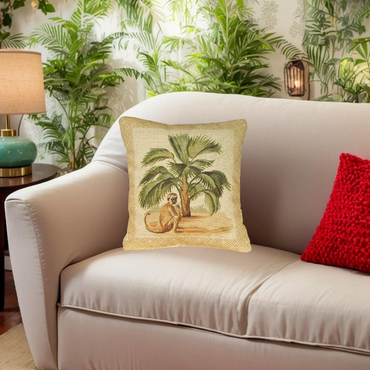 Handmade Wool Needlepoint Pillow Cover - Decorative Throw Cushion Cover - Vintage Floral Embroidery Design 5 long tail monkey & palm tree waved frame 1