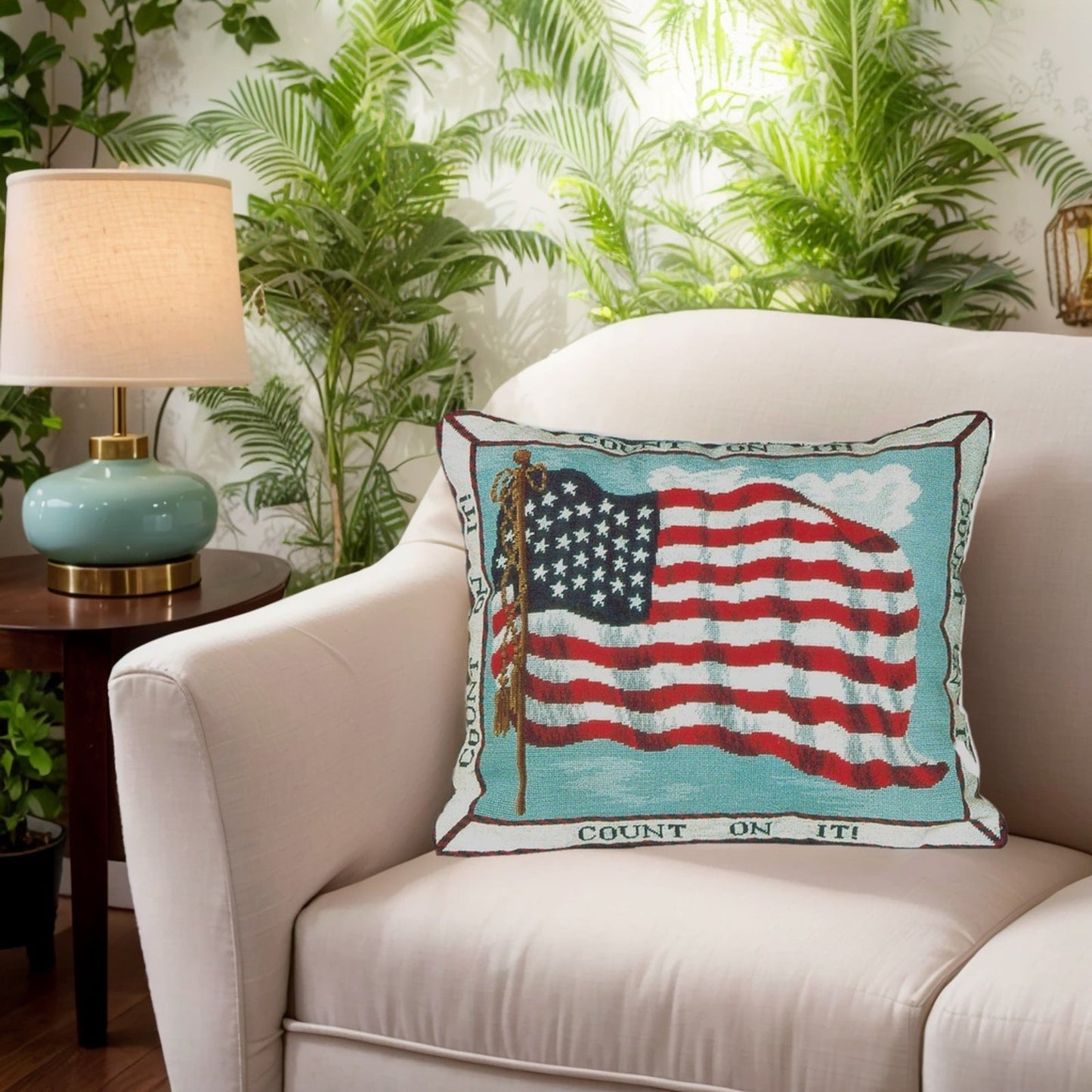 Handmade Wool Needlepoint Pillow Cover - Decorative Throw Cushion Cover - Vintage Floral Embroidery Design USA flag withCount On It