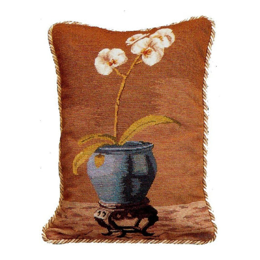 Handmade Wool Needlepoint Pillow Cover - Decorative Throw Cushion Cover - Vintage Floral Embroidery Design  white orchard in blue pot with 2 color cording