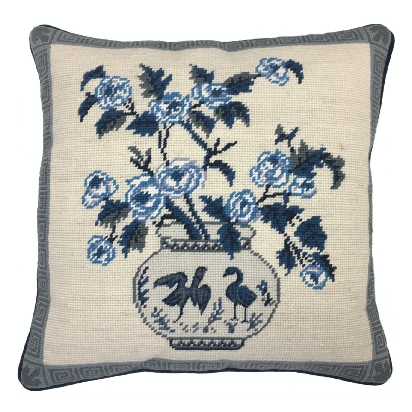 Handmade Wool Needlepoint Pillow Cover - Decorative Throw Cushion Cover - Vintage Floral Embroidery Design W/B flower in pot 2 birds