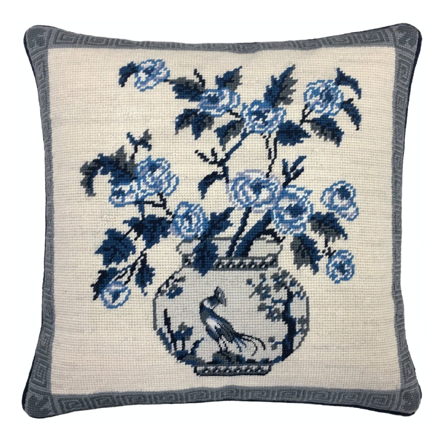 Handmade Wool Needlepoint Pillow Cover - Decorative Throw Cushion Cover - Vintage Floral Embroidery Design W/B flowers in pot 1 bird