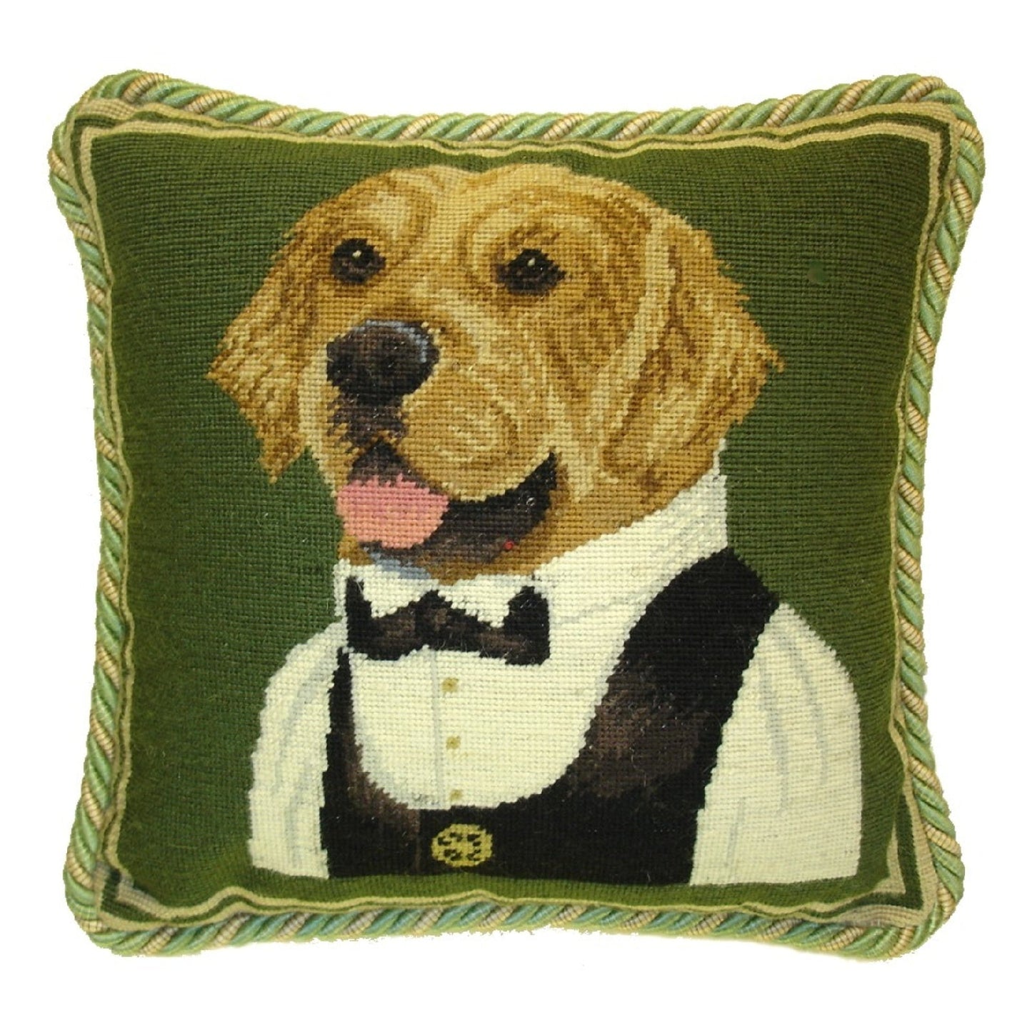 Handmade Wool Needlepoint Pillow Cover - Decorative Throw Cushion Cover - Vintage Floral Embroidery Design Waiter Retriever with 2 color cording