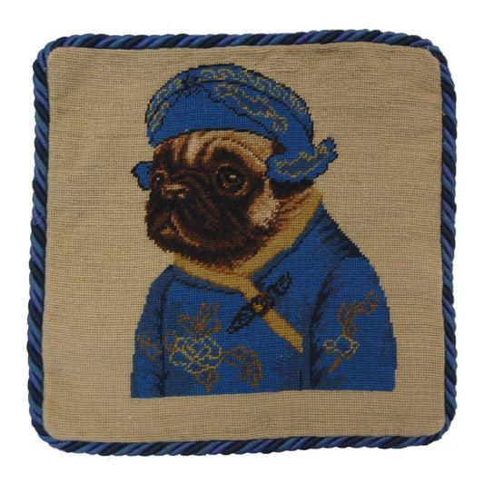 Handmade Wool Needlepoint Pillow Cover - Decorative Throw Cushion Cover - Vintage Floral Embroidery Design  pug boy in blue with 3 color cording