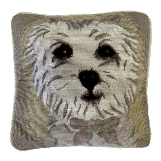 Handmade Wool Needlepoint Pillow Cover - Decorative Throw Cushion Cover - Vintage Floral Embroidery Design  Westie with 3 color cording
