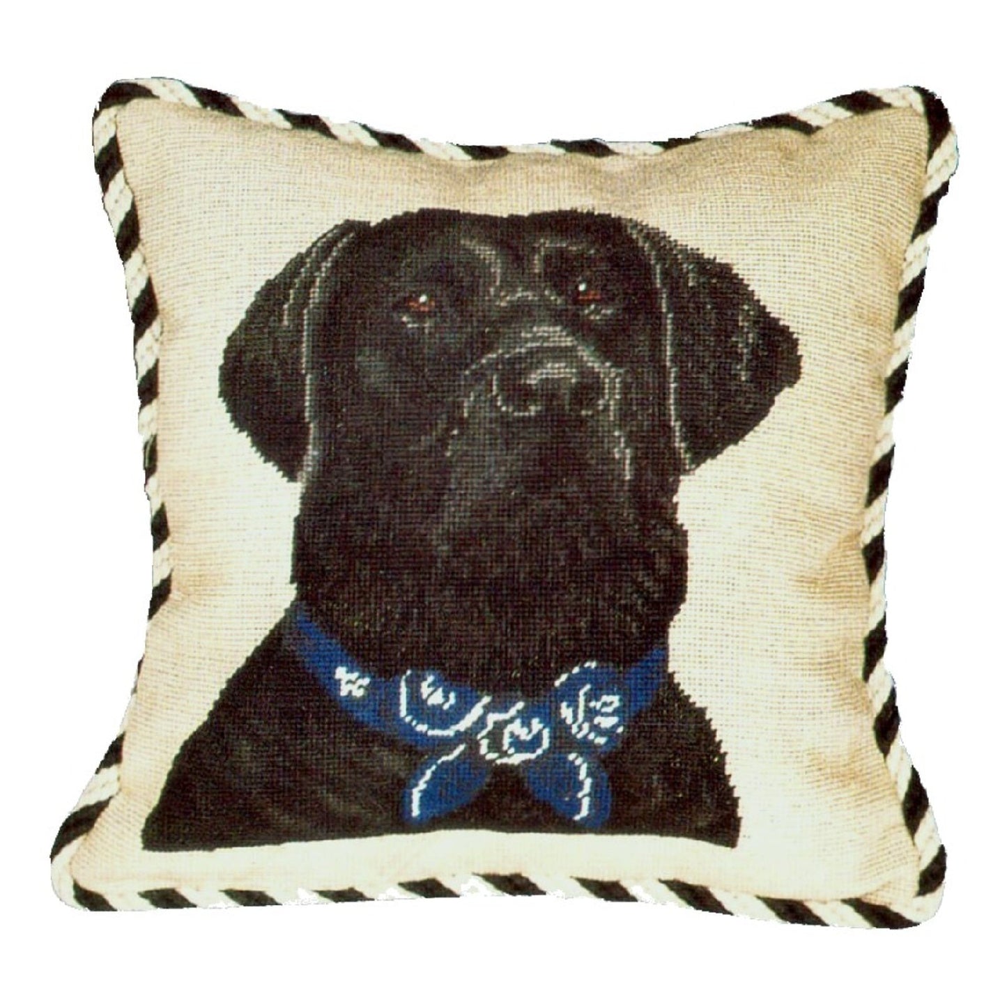 Handmade Wool Needlepoint Pillow Cover - Decorative Throw Cushion Cover - Vintage Floral Embroidery Design black Lab with 2 color cording