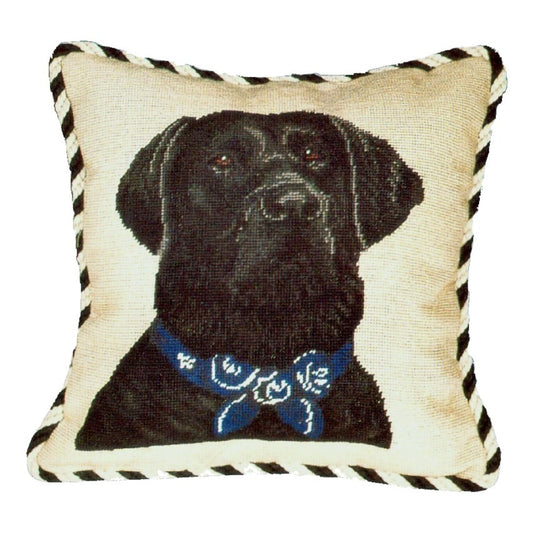 Handmade Wool Needlepoint Pillow Cover - Decorative Throw Cushion Cover - Vintage Floral Embroidery Design  black Lab with 2 color cording