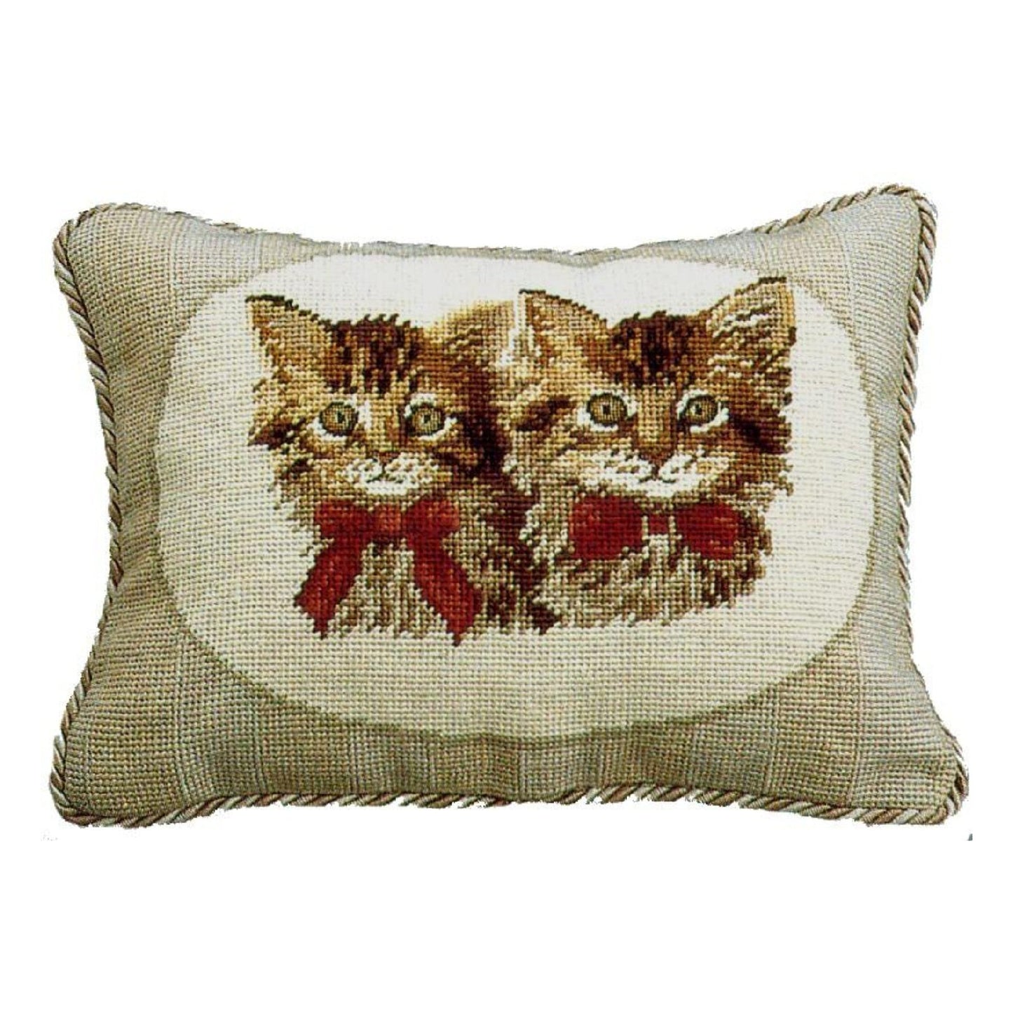 Handmade Wool Needlepoint Pillow Cover - Decorative Throw Cushion Cover - Vintage Floral Embroidery Design 2 brown cats with 2 color cording