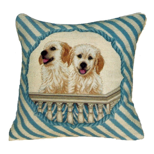 Handmade Wool Needlepoint Pillow Cover - Decorative Throw Cushion Cover - Vintage Floral Embroidery Design  2 puppies in balcony