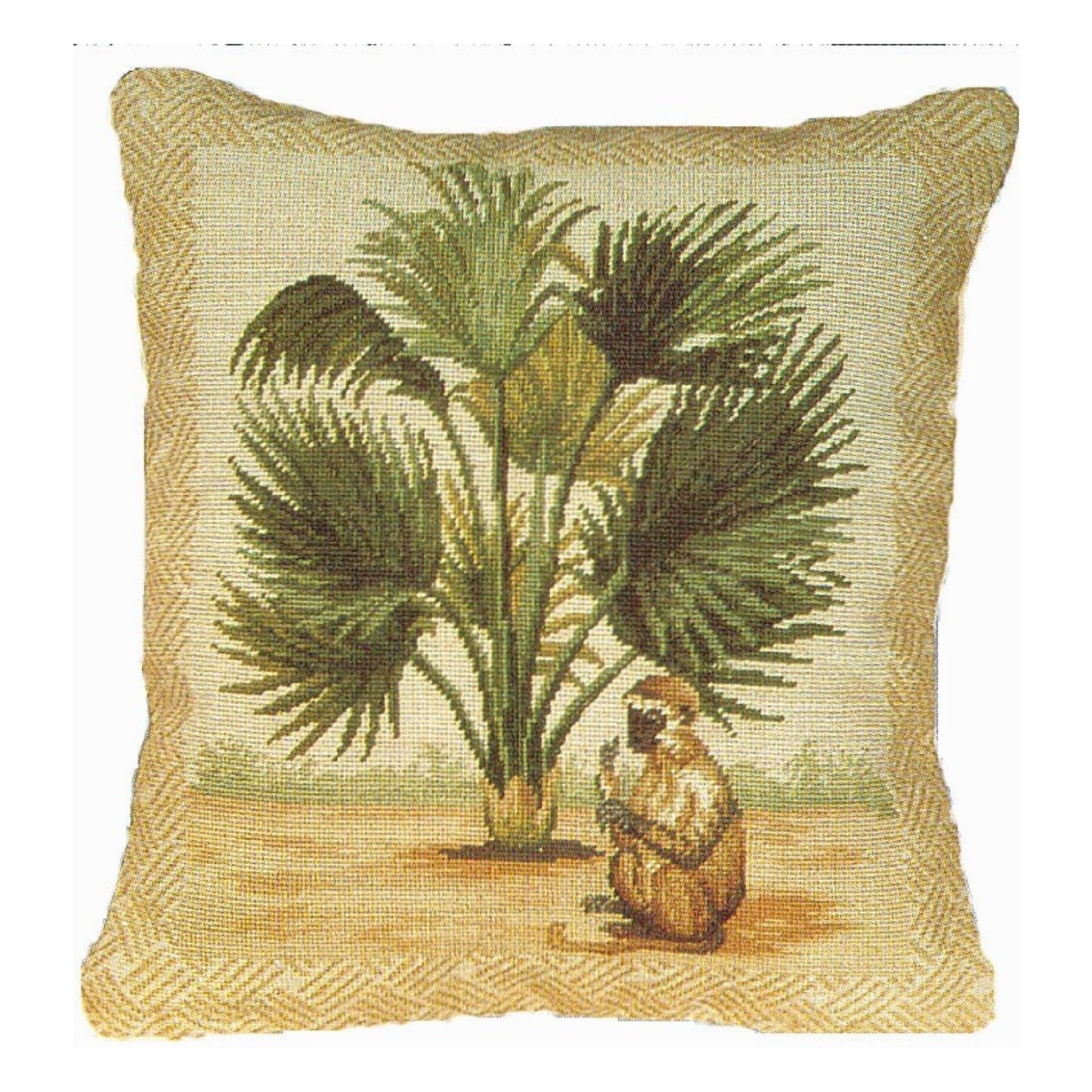 Handmade Wool Needlepoint Pillow Cover - Decorative Throw Cushion Cover - Vintage Floral Embroidery Design 5 long tail monkey & palm tree waved frame