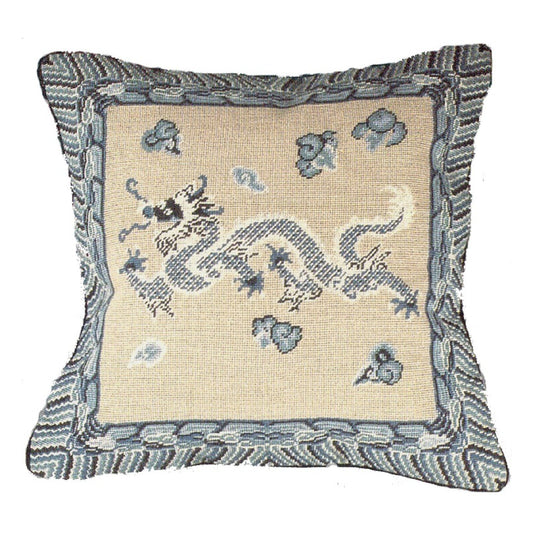 Handmade Wool Needlepoint Pillow Cover - Decorative Throw Cushion Cover - Vintage Floral Embroidery Design  blue/white Dragon