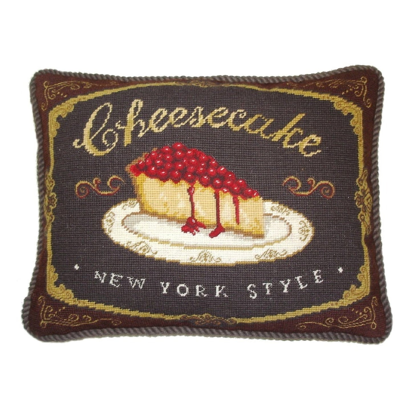 Handmade Wool Needlepoint Pillow Cover - Decorative Throw Cushion Cover - Vintage Floral Embroidery Design cheesecake with brown cording