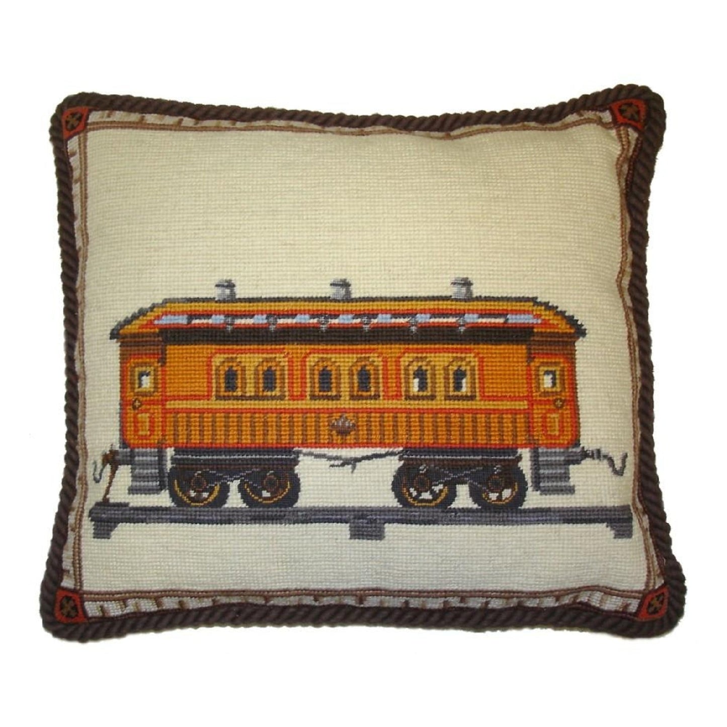 Handmade Wool Needlepoint Pillow Cover - Decorative Throw Cushion Cover - Vintage Floral Embroidery Design train with brown cording