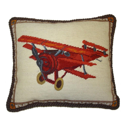 Handmade Wool Needlepoint Pillow Cover - Decorative Throw Cushion Cover - Vintage Floral Embroidery Design  plane with brown cording