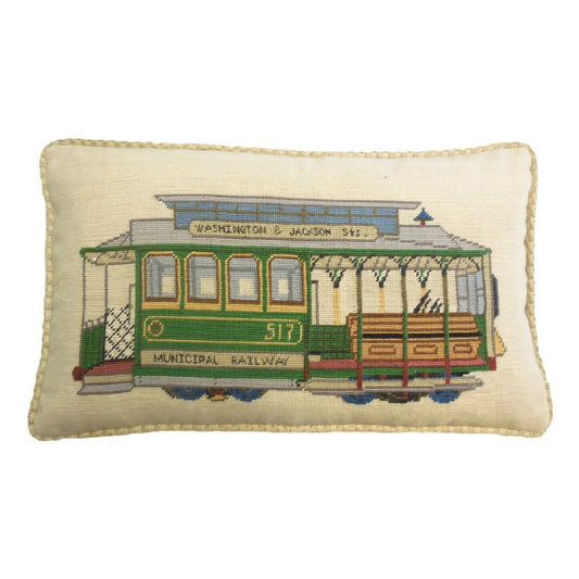 Handmade Wool Needlepoint Pillow Cover - Decorative Throw Cushion Cover - Vintage Floral Embroidery Design  SF cable car Washington-Jackson St checker cording