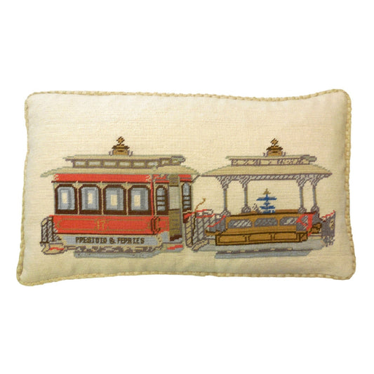 Handmade Wool Needlepoint Pillow Cover - Decorative Throw Cushion Cover - Vintage Floral Embroidery Design  SF cable car Presidio- Ferries checker cording