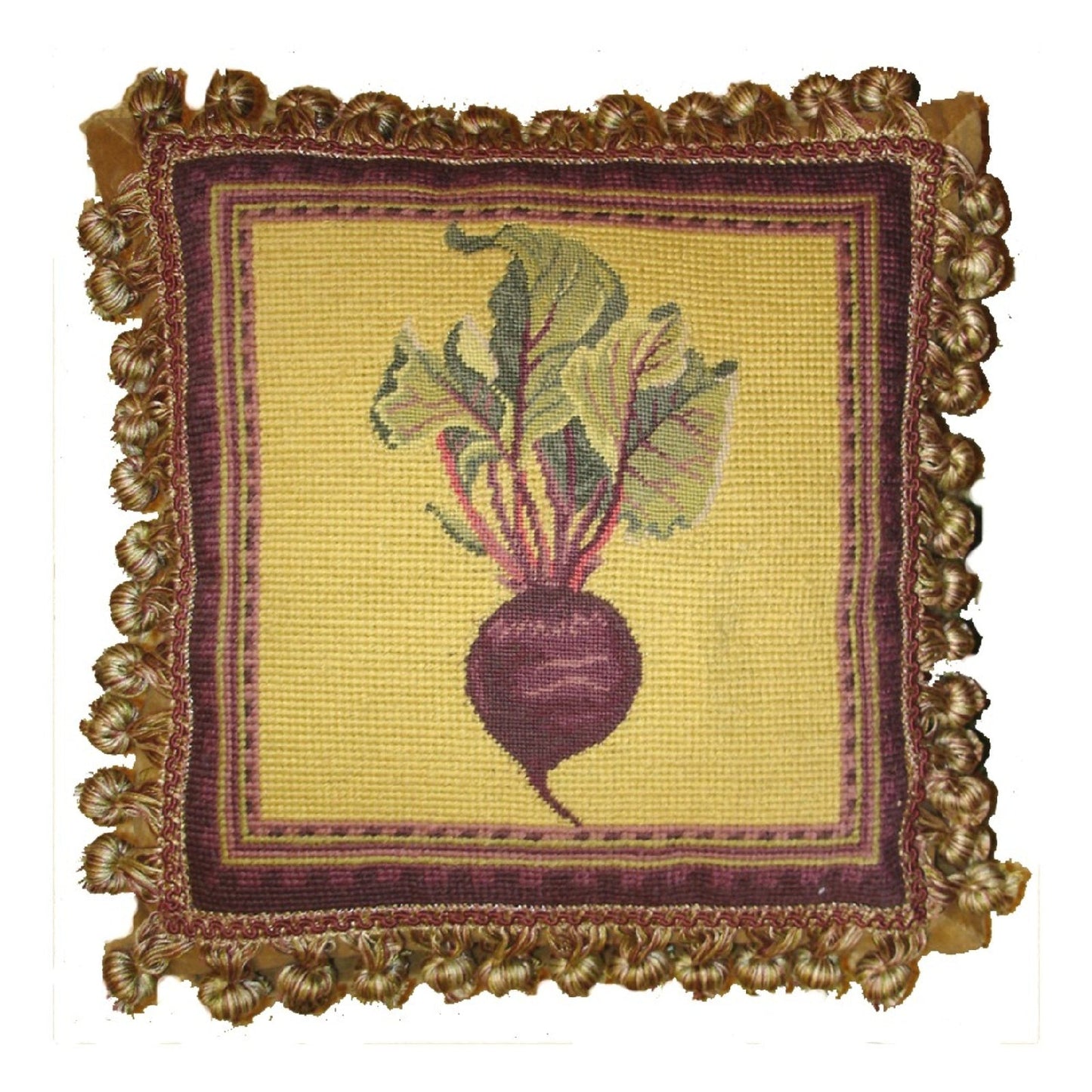 Handmade Wool Needlepoint Pillow Cover - Decorative Throw Cushion Cover - Vintage Floral Embroidery Design background 3 color tassel 3