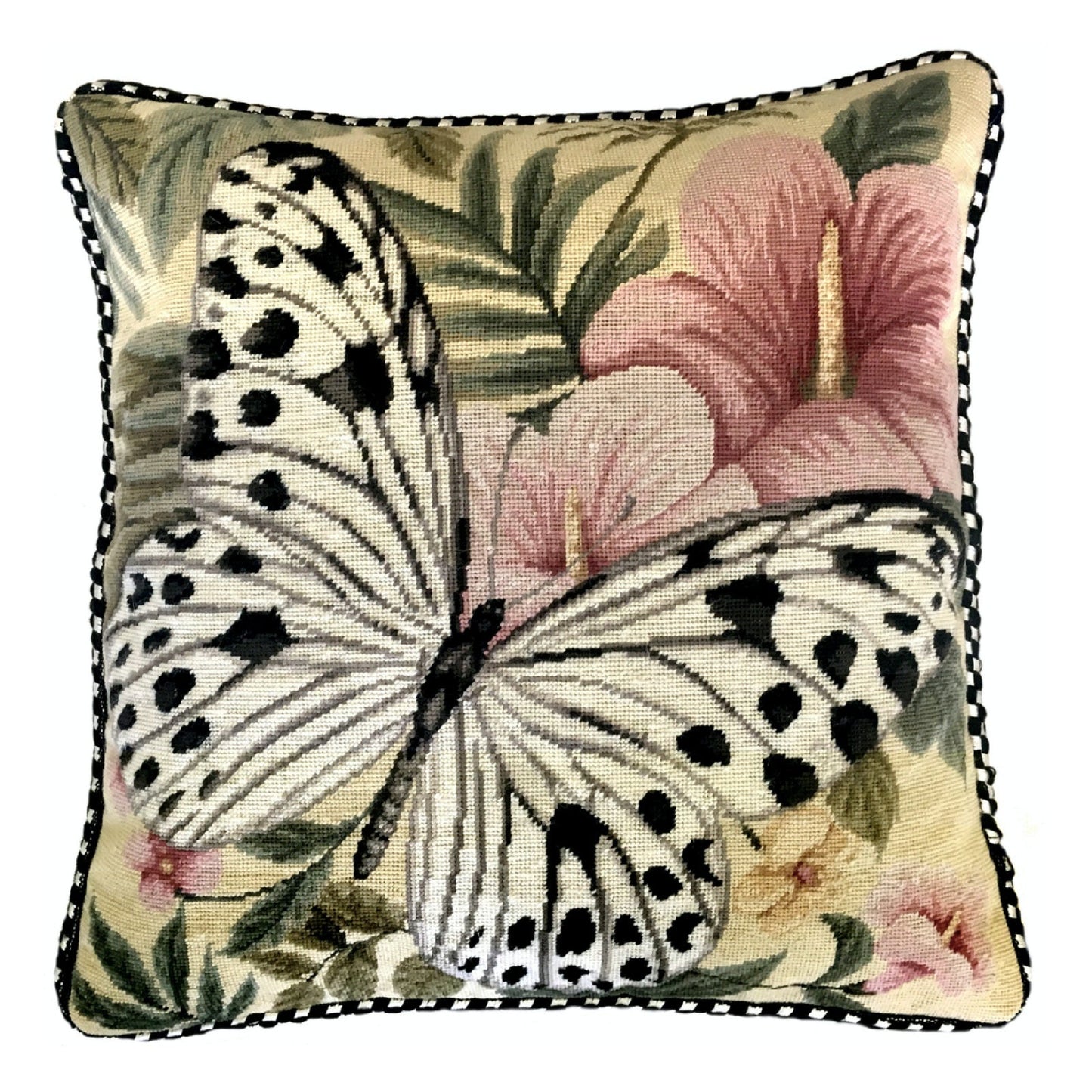 Handmade Wool Needlepoint Pillow Cover - Decorative Throw Cushion Cover - Vintage Floral Embroidery Design butterfly w/b dark dots & pink flower with cording
