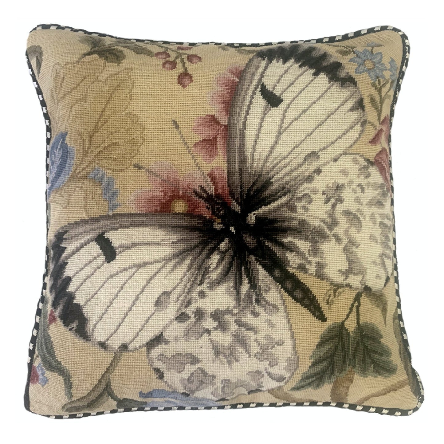 Handmade Wool Needlepoint Pillow Cover - Decorative Throw Cushion Cover - Vintage Floral Embroidery Design butterfly w/b soft dots pink flower with cording