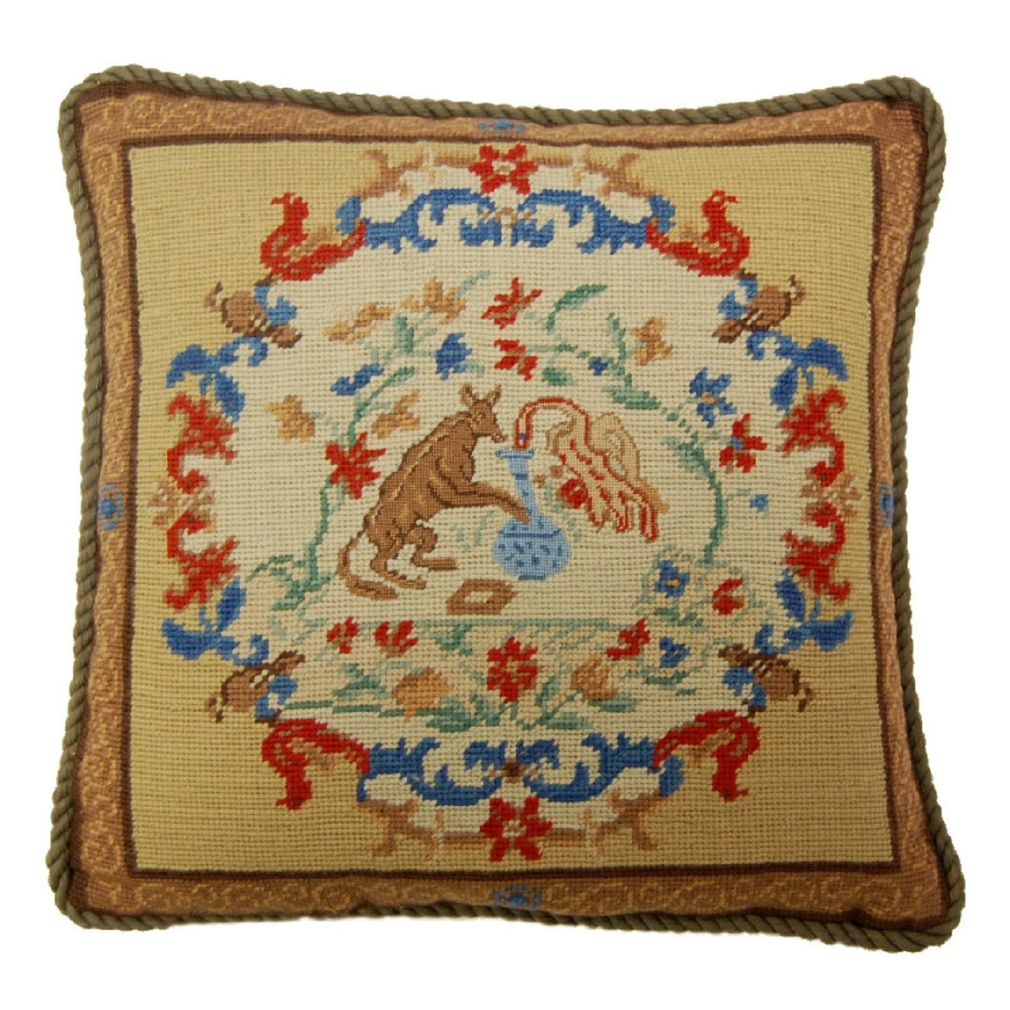 Handmade Wool Needlepoint Pillow Cover - Decorative Throw Cushion Cover - Vintage Floral Embroidery Design rest with cording