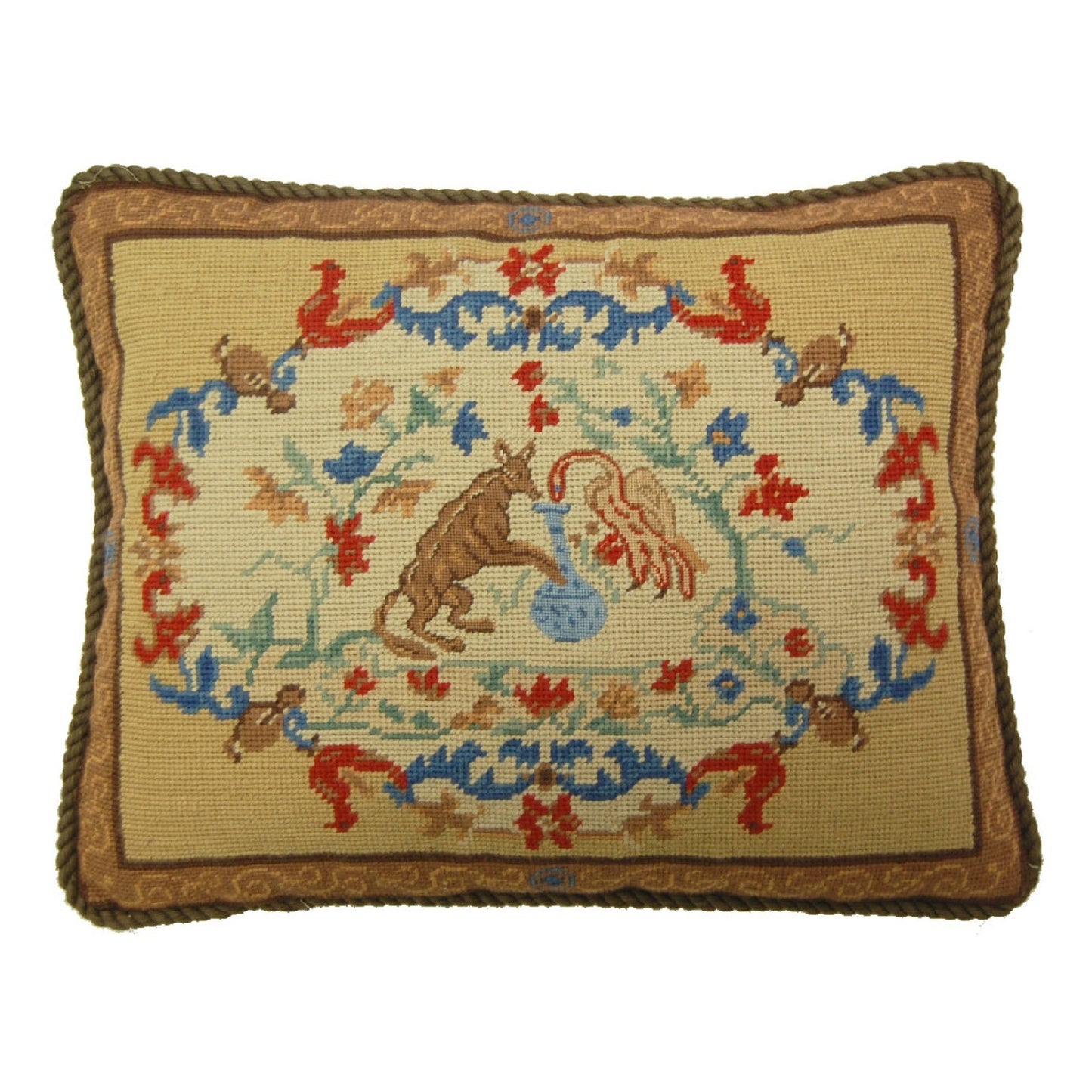 Handmade Wool Needlepoint Pillow Cover - Decorative Throw Cushion Cover - Vintage Floral Embroidery Design center rest with cording