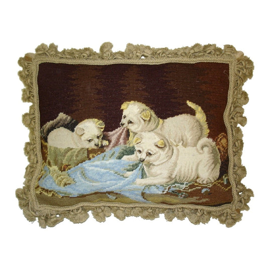 Handmade Wool Needlepoint Pillow Cover - Decorative Throw Cushion Cover - Vintage Floral Embroidery Design  puppies