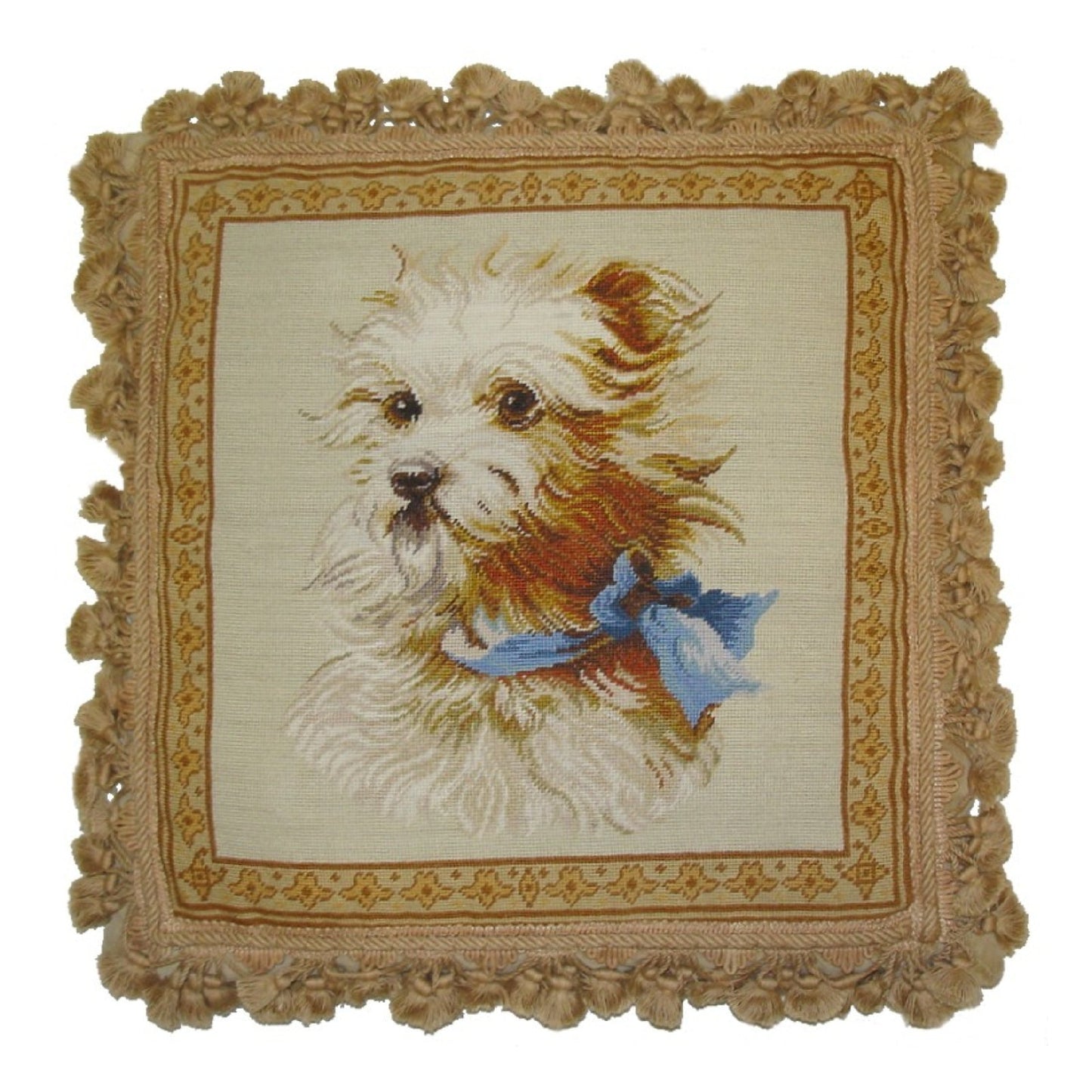 Handmade Wool Needlepoint Pillow Cover - Decorative Throw Cushion Cover - Vintage Floral Embroidery Design Terrier dog with nature tassel