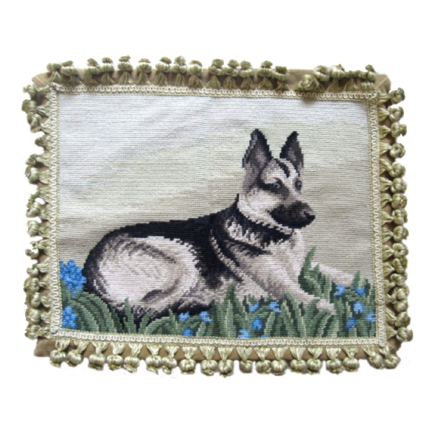 Handmade Wool Needlepoint Pillow Cover - Decorative Throw Cushion Cover - Vintage Floral Embroidery Design Geman Shepherd rest with tassel