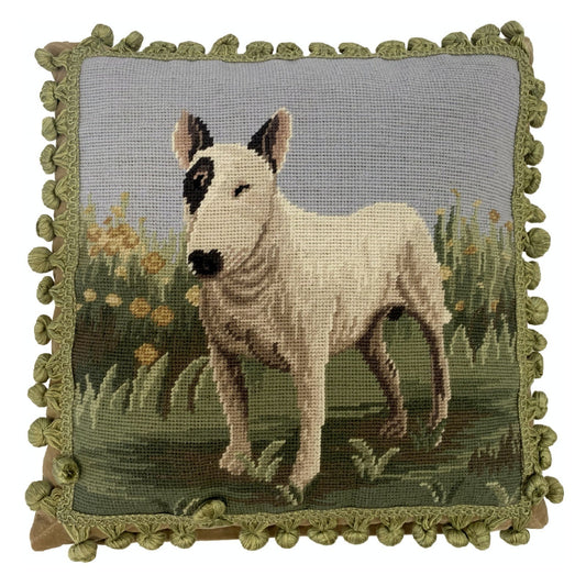 Handmade Wool Needlepoint Pillow Cover - Decorative Throw Cushion Cover - Vintage Floral Embroidery Design bullseyes dog with tassels