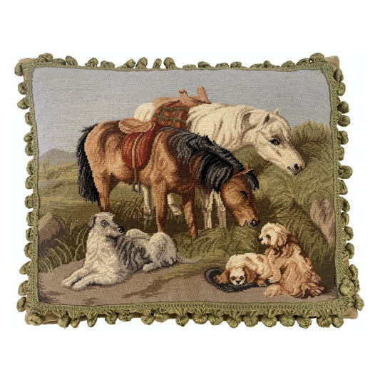 Handmade Wool Needlepoint Pillow Cover - Decorative Throw Cushion Cover - Vintage Floral Embroidery Design  Horses & Dogs with 2 color tassels