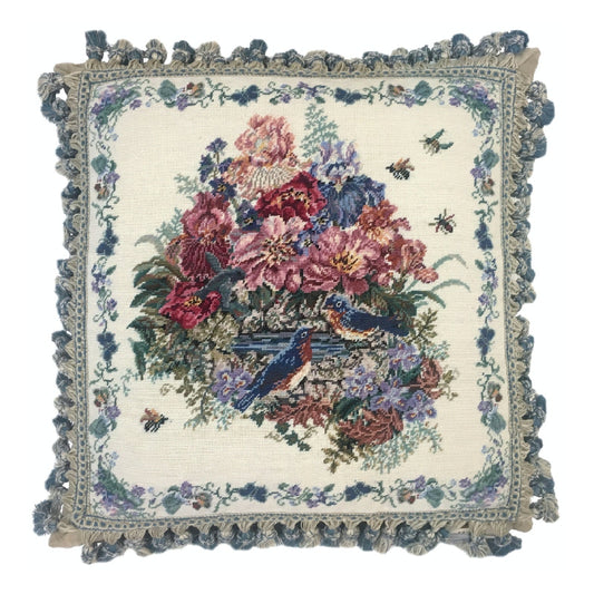 Handmade Wool Needlepoint Pillow Cover - Decorative Throw Cushion Cover - Vintage Floral Embroidery Design  blue birds with tassel