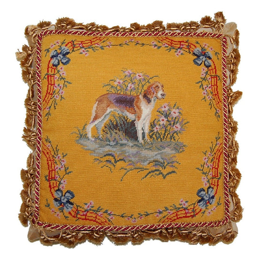 Handmade Wool Needlepoint Pillow Cover - Decorative Throw Cushion Cover - Vintage Floral Embroidery Design  dog with gold tassel