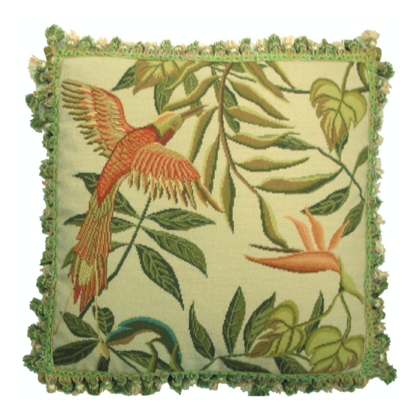 Handmade Wool Needlepoint Pillow Cover - Decorative Throw Cushion Cover - Vintage Floral Embroidery Design birds of Paradise with tassel 1