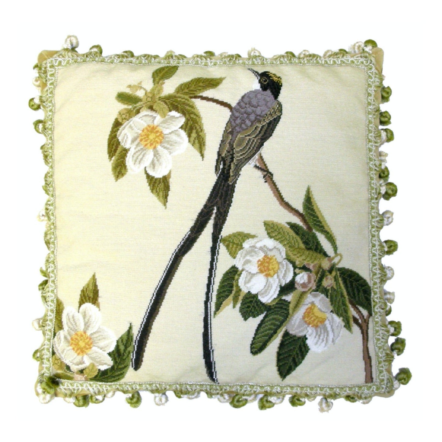 Handmade Wool Needlepoint Pillow Cover - Decorative Throw Cushion Cover - Vintage Floral Embroidery Design bird & magnolia with 2 color tassel