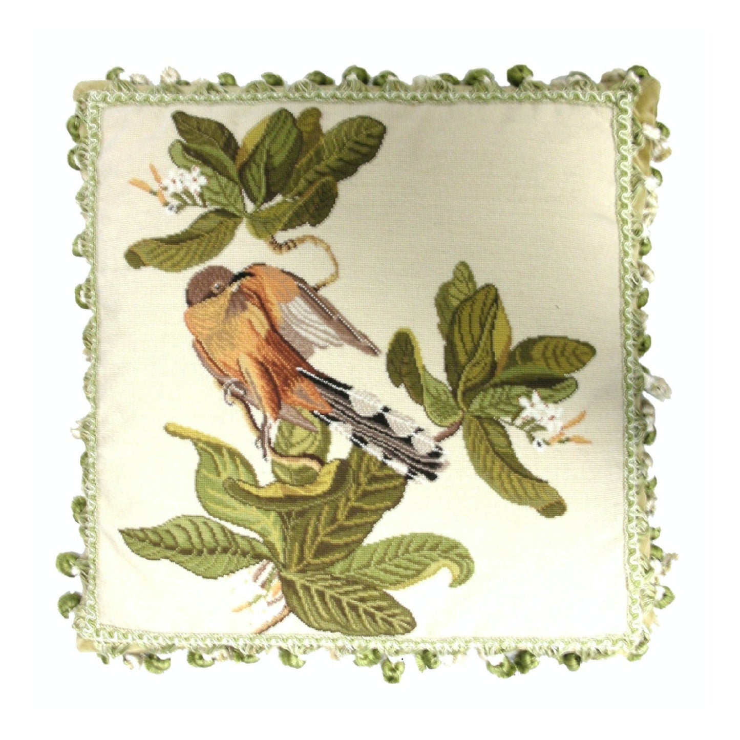 Handmade Wool Needlepoint Pillow Cover - Decorative Throw Cushion Cover - Vintage Floral Embroidery Design bird & dogwood with 2 color tassel