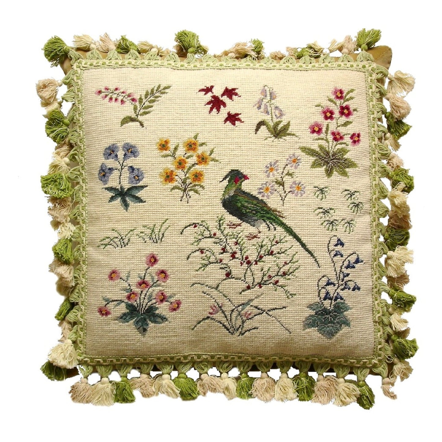 Handmade Wool Needlepoint Pillow Cover - Decorative Throw Cushion Cover - Vintage Floral Embroidery Design w/3 color tassel 2