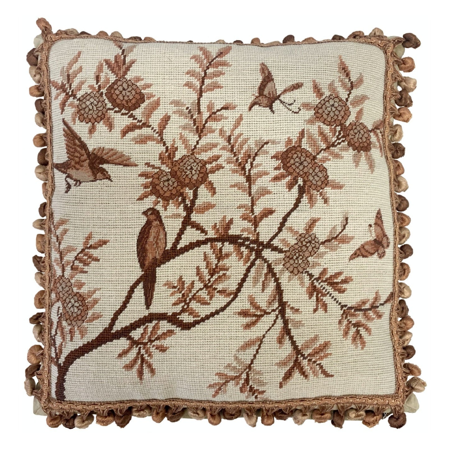 Handmade Wool Needlepoint Pillow Cover - Decorative Throw Cushion Cover - Vintage Floral Embroidery Design antique tree swallows butterfliers with tassels 1