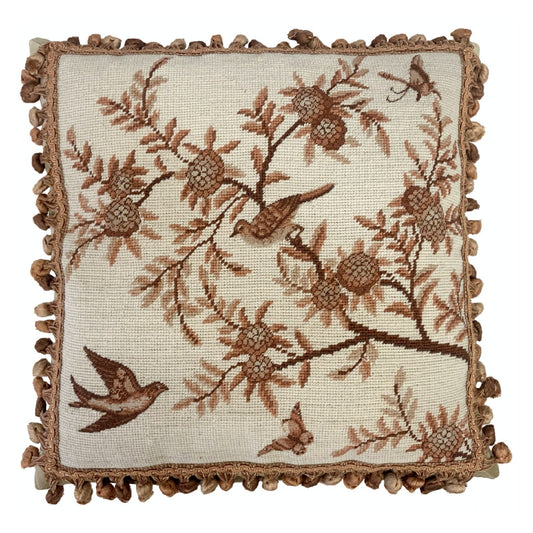 Handmade Wool Needlepoint Pillow Cover - Decorative Throw Cushion Cover - Vintage Floral Embroidery Design  antique tree  swallows butterfliers with tassels