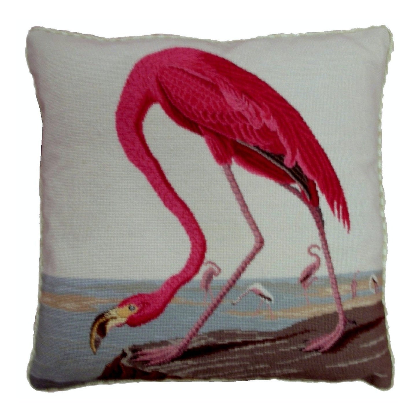 Handmade Wool Needlepoint Pillow Cover - Decorative Throw Cushion Cover - Vintage Floral Embroidery Design ancient Flamingo with cording