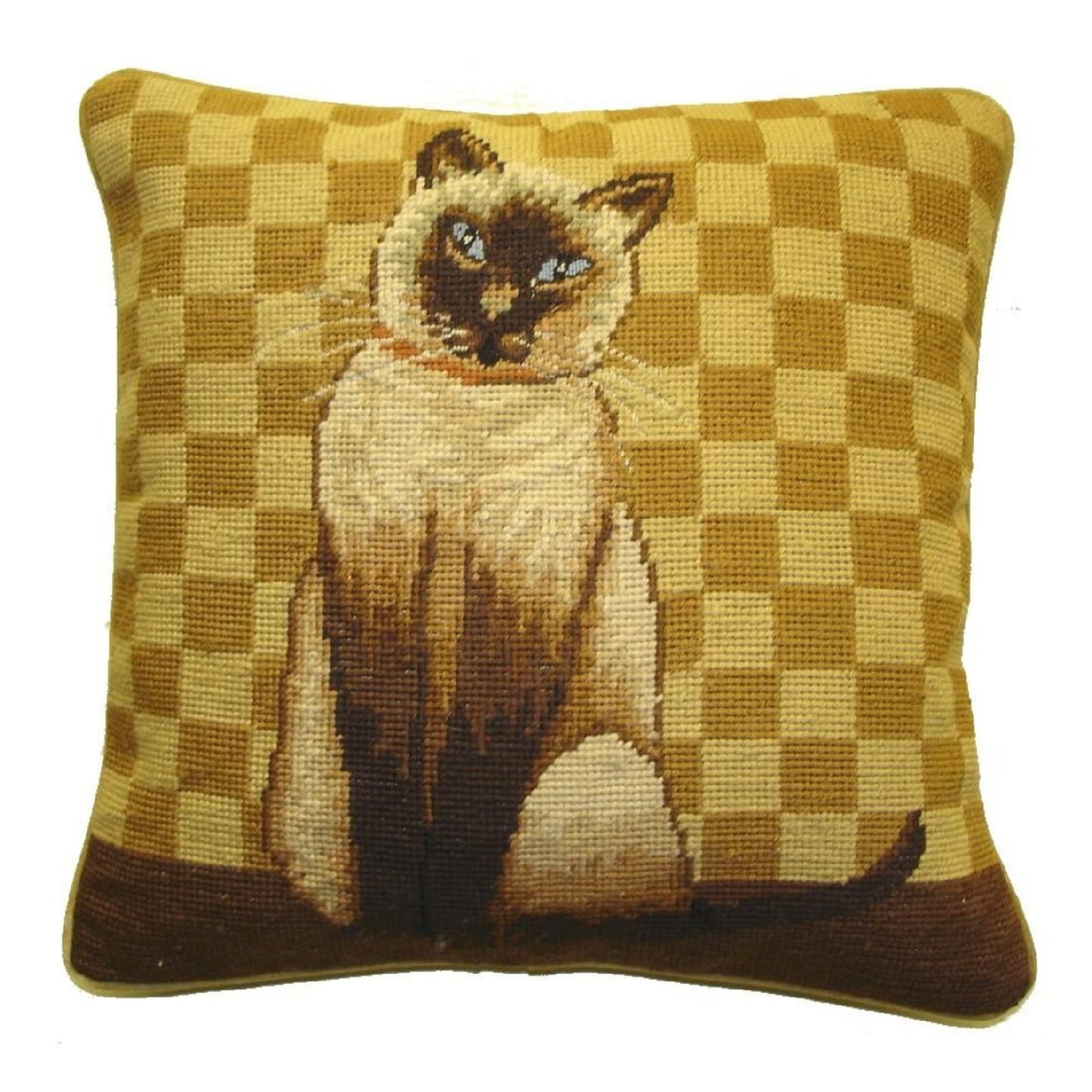 Handmade Wool Needlepoint Pillow Cover - Decorative Throw Cushion Cover - Vintage Floral Embroidery Design with badge brown cat gold checker