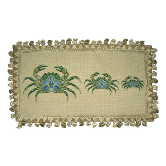 Handmade Wool Needlepoint Pillow Cover - Decorative Throw Cushion Cover - Vintage Floral Embroidery Design 3 green crabs with tassel