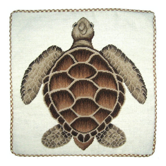 Handmade Wool Needlepoint Pillow Cover - Decorative Throw Cushion Cover - Vintage Floral Embroidery Design brown turtle with cording