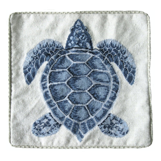 Handmade Wool Needlepoint Pillow Cover - Decorative Throw Cushion Cover - Vintage Floral Embroidery Design dark blue sea turtle cording